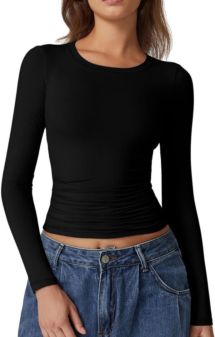 QINSEN Womens Crewneck Long Sleeve Shirt Double Lined Basic Tees Side Ruched Going Out Crop Tops (Small, Black)