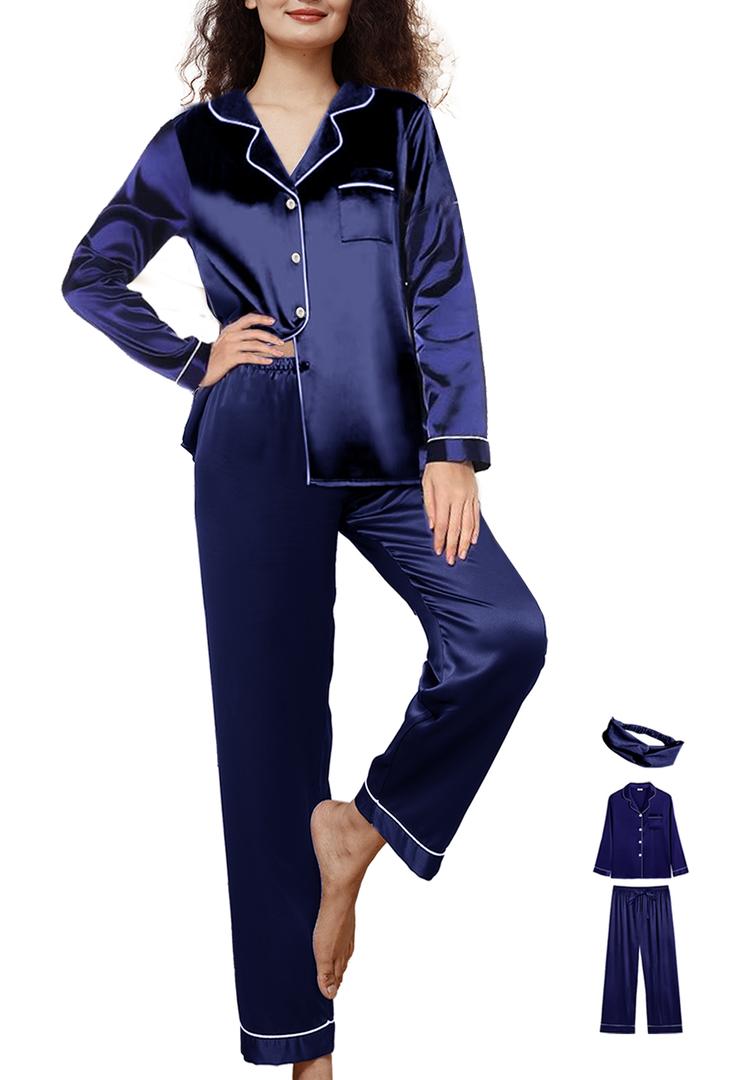 WJing Yi Jia 2 Pcs XS Womens Silk Satin Pajamas Sets Long Pj Sets Button Down Pjs Set Loungewear Sleepwear, Size Xs