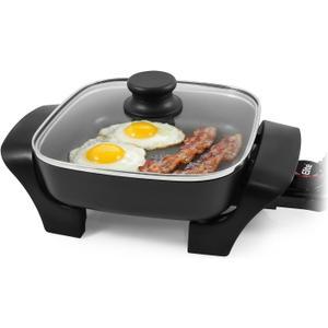 Elite Gourmet EG808 Electric Skillet 8"x8" Non-Stick Coating, Tempered Glass Lid, Removable Thermostat 200F400F, Dishwasher Safe, 600W Compact 2.5-Qt Capacity for Eggs, Bacon & One-Pot Meals, Black