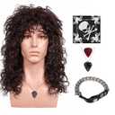 FantaLook 70 80s Long Curly Dark Brown Cosplay Wig with Necklace Headband and Mater Bracelet for Halloween