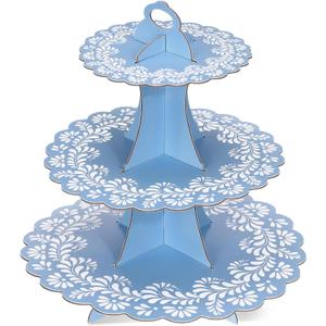 Mexican Cielito Lindo Party Decoration, 3 Tier Terracotta Cupcake Stand, Cardboard Dessert Tower Holder Display for Wedding Cinco De Mayo Baby Shower Birthday Fiesta(Talavera,Blue)