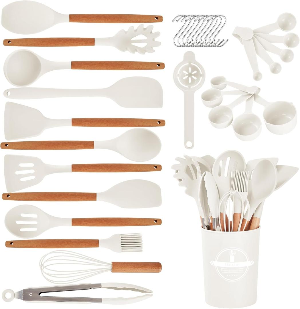 Kitchen Utensils Set - 34 PCS Non-Stick Silicone Cooking Utensils Set Spatula Set with Holder, Wooden Handle Spoon, Brush, Whisk Kitchen Gadgets Tools Set for Nonstick Cookware (Cream White)