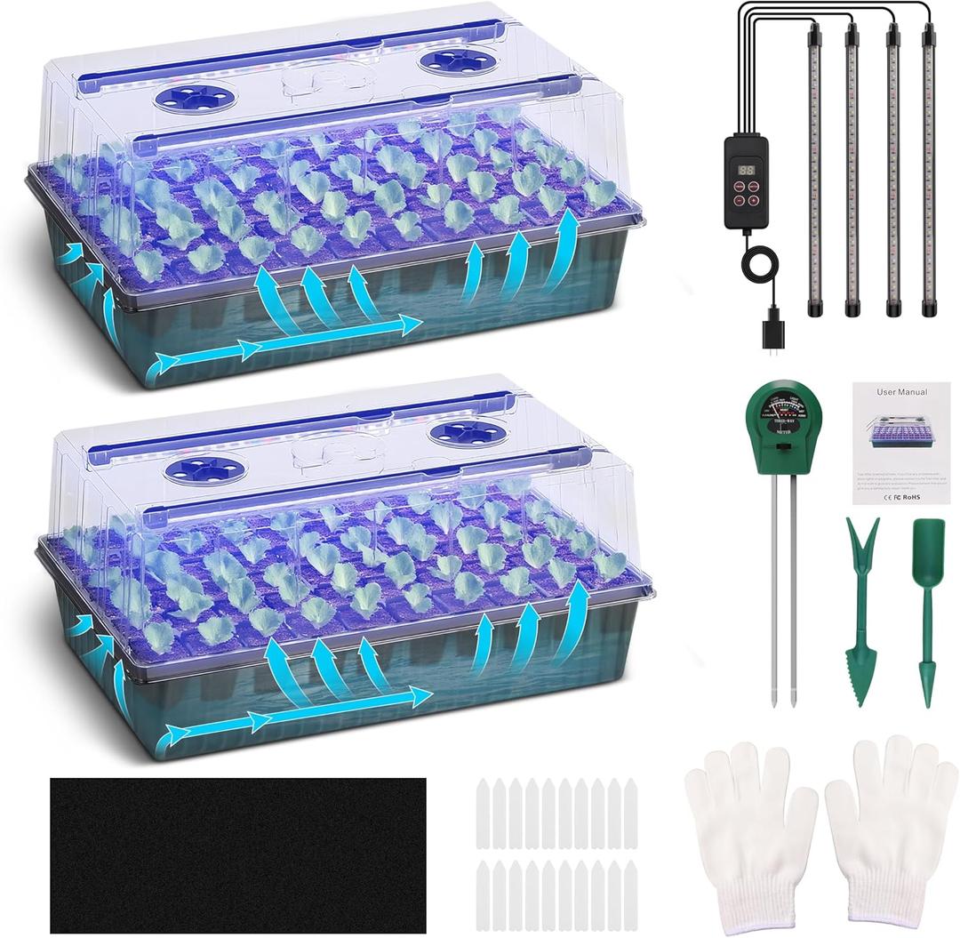 Seed Starter Tray with Grow Light, 2 Pack 120 Cells Seedling Tray Kit with 3-in-1 Soil Moisture Meter, Indoor Seedling Starter Tray for Plant Germination, Seeds Growing