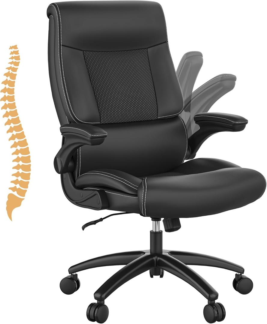 Ergonomic Big and Tall Office Chair, 500LBS PU Leather Executive Desk Chair with Lumbar Support and Flip-up Armrests, High Back, for Home and Office, Black