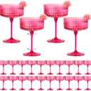 24 PCS Ribbed Coupe Glasses Hot Pink Plastic Champagne Coupe Cup 10oz Detachable Gold Rim Espresso Martini Glass Vintage Margarita Glassware Cocktail Glass Set for Valentine's Day Bachelorette Party