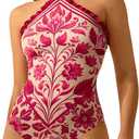 WDIRARA Women's Boho Floral Print Halter Bodysuit Frill Trim Sleeveless Leotard Top (Hot Pink) M 