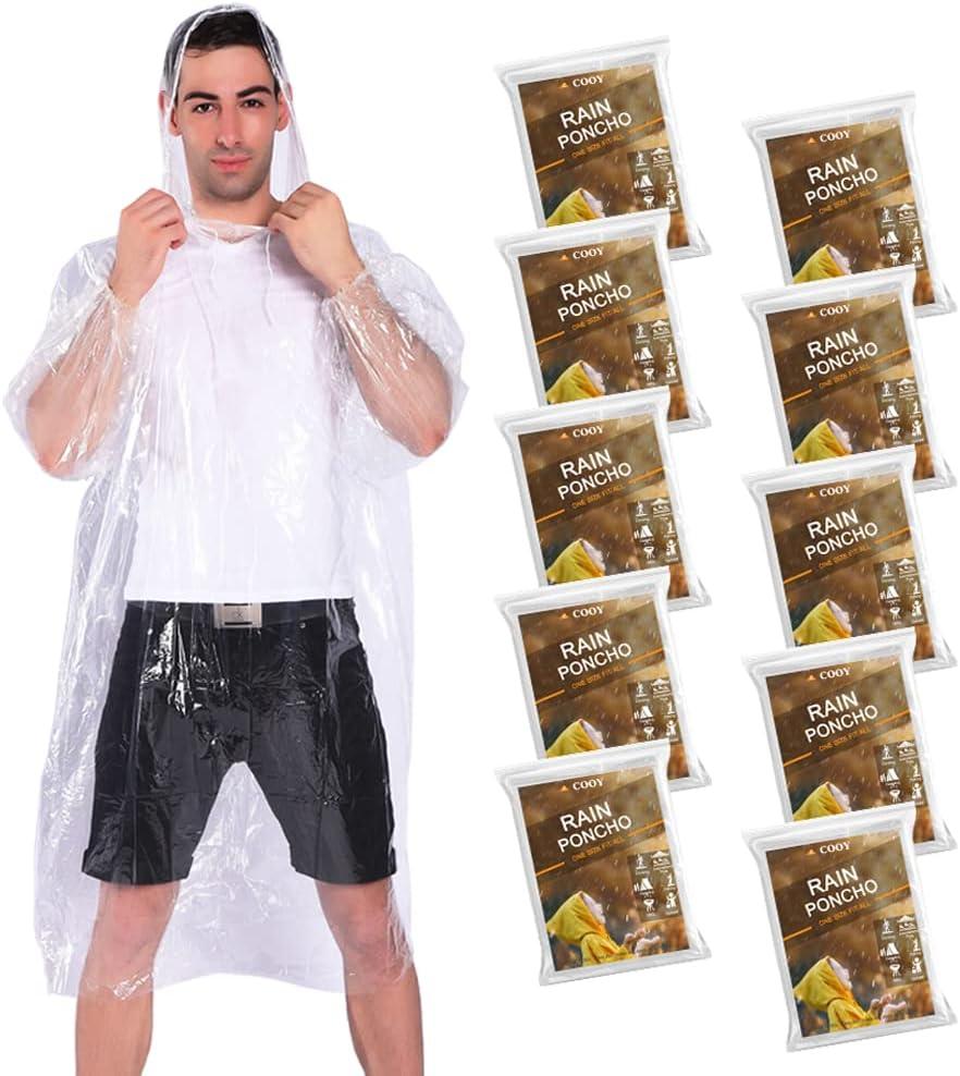 COOY Rain Ponchos,with Drawstring Hood 10 Pack Emergency Disposable Rain Ponchos Family Pack for Adults,Clear (One Size)