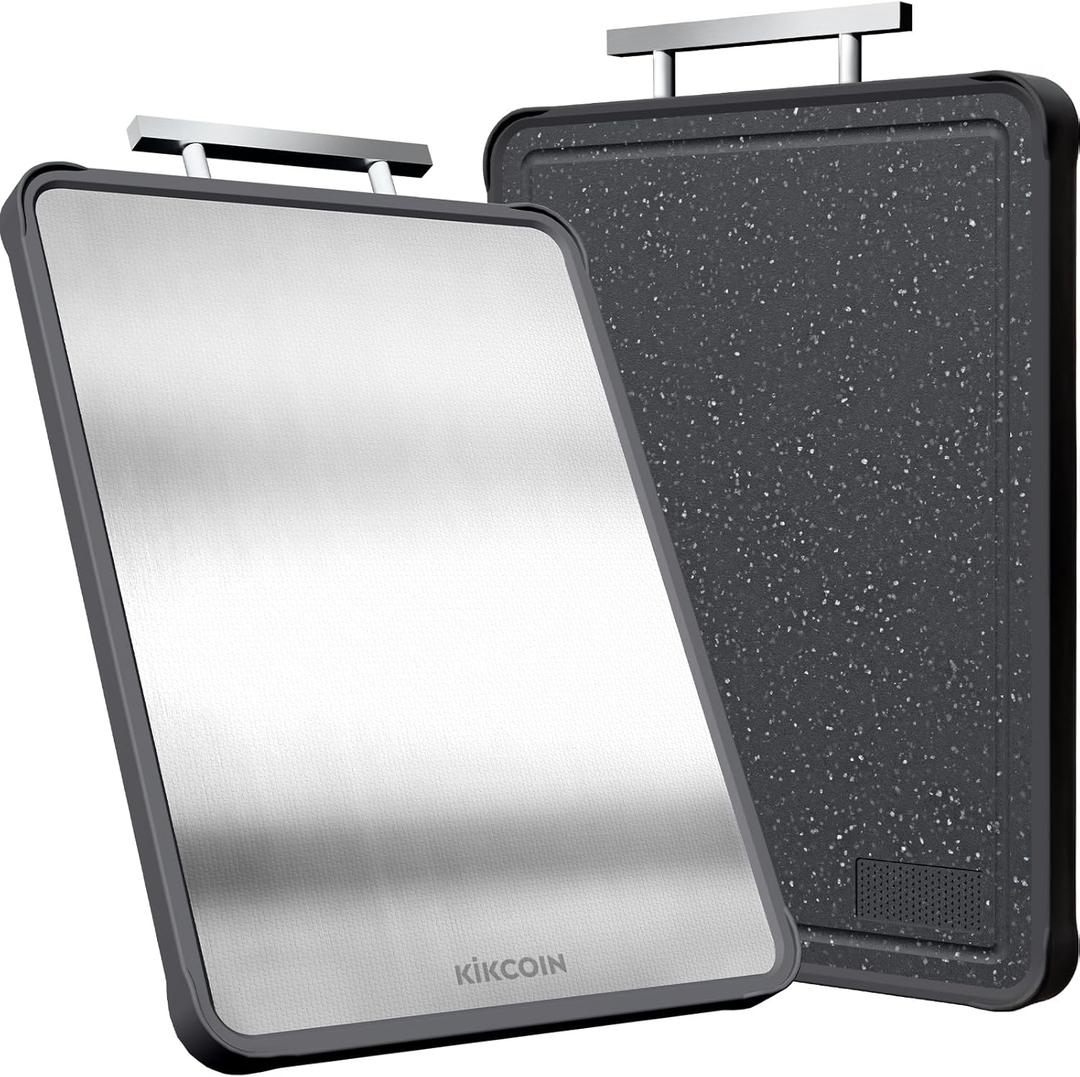 Kikcoin 17"11" 304 Stainless Steel Cutting Boards for Kitchen, Dishwasher Safe Food Grade PP Double Sided Cutting Board, Extra Large Non-Toxic Chopping Board for Meat, Cheese & Charcuterie, Black