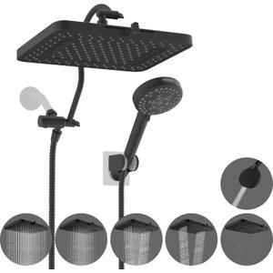 Hibbent Upgraded 5-spray 13'' Shower Head, High Pressure Rainfall Shower Head, Dual Showerhead Combo with 10-mode Handheld Spray, 12'' Adjustable Extension Arm, 71'' Hose, Shower Holder, Matte Black