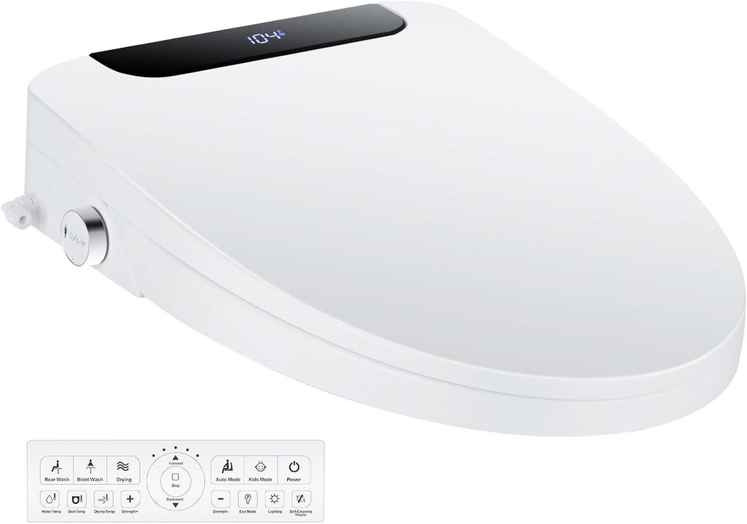 Bidet Toilet Seat, Elongated, Electric, Warm Water, Air Dryer, Heated Seat and Slow Close Lid, Front and Rear Wash, Night light, Wireless Remote, 102 (Elongated)