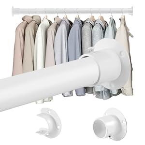 Closet Rods for Hanging Clothes, 1.3 Inch Diameter Heavy Duty Closet Rod 17-64 Inches Adjustable Clothes Hanging Rod White Closet Poles for Wardrobes, Bathroom, Windows