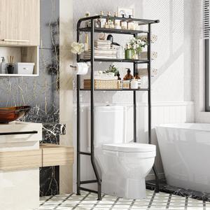 Simple Trending Over The Toilet Storage Cabinet, Metal Bathroom Shelf Organizer with Paper Holder and Hooks, 3 Tier, Black, 24.25"W x 13"D x 64"H