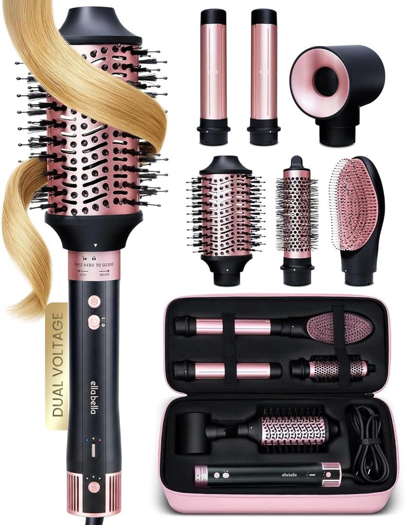 ELLA BELLA 6 in 1 Professional Hot Air Styler Dual Voltage Powerful Hair Dryer & Straightener Set Styling Without Heat Damage Fast Drying Curling Volumizing Straightening with Travel Case