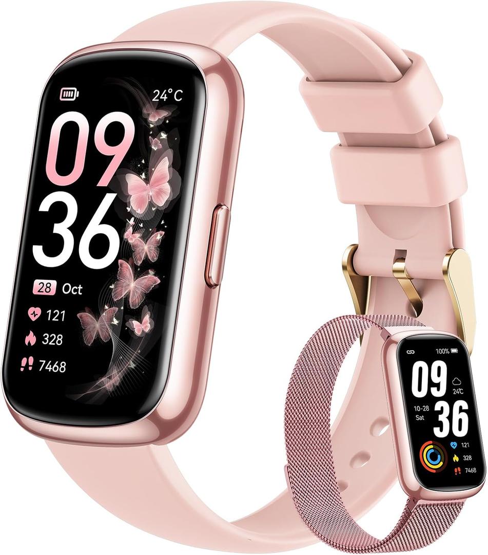 Fitness Trackers for Women Smart Watch: Fitness Tracker with 24/7 Heart Rate Monitor SpO2 Sleep Step Tracker, Pedometer Fitness Watches for Women with 5ATM Waterproof for iPhone Android 2 Bands Pink