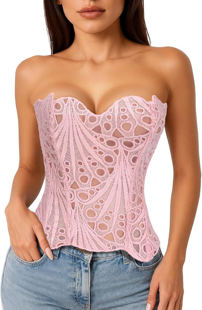 LEACOOLKEY Lacework Corset Top for Women Sexy Textured Sheer Floral Lace Bustier Going Out Lace-up Corset Overbust Top (Light Pink) XS