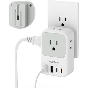 TESSAN USB-C Charger Block 20W PD, Fast Charging Adapter with Foldable Plug | 1875W Power Outlet Extender(4 AC and 4 USB) for Cruise, Home, Office, Dorm Room Essentials, Grey