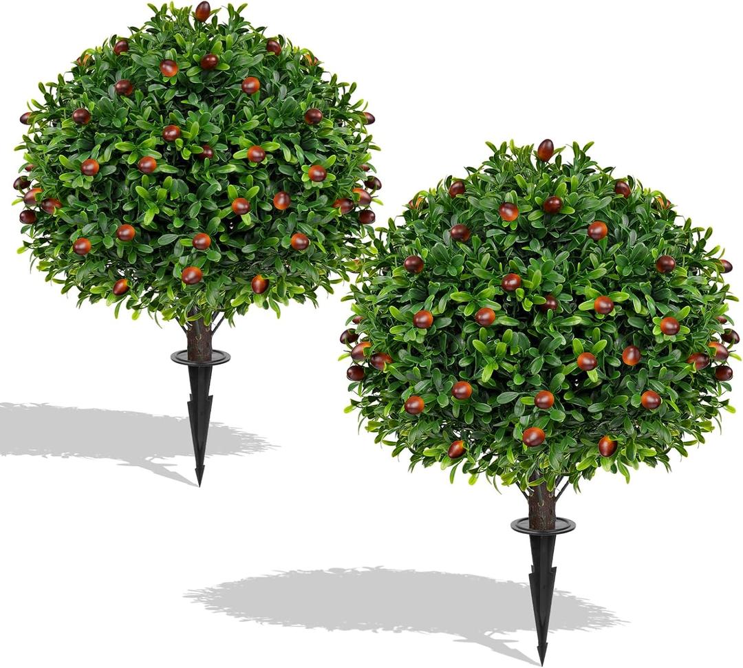 Artificial Olive Boxwood Topiary Ball Trees,2 Set of 16'' UV Resistant Fake Evergreen Shrubs Bushes Plants with Ground Spike, Fake Plants for Outdoor Indoor Front Porch Garden