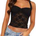 REORIA Lace Tops for Women Halter Sexy Going Out Tank Crop Y2K Fashion Top 2025 Trendy (Medium, Black)