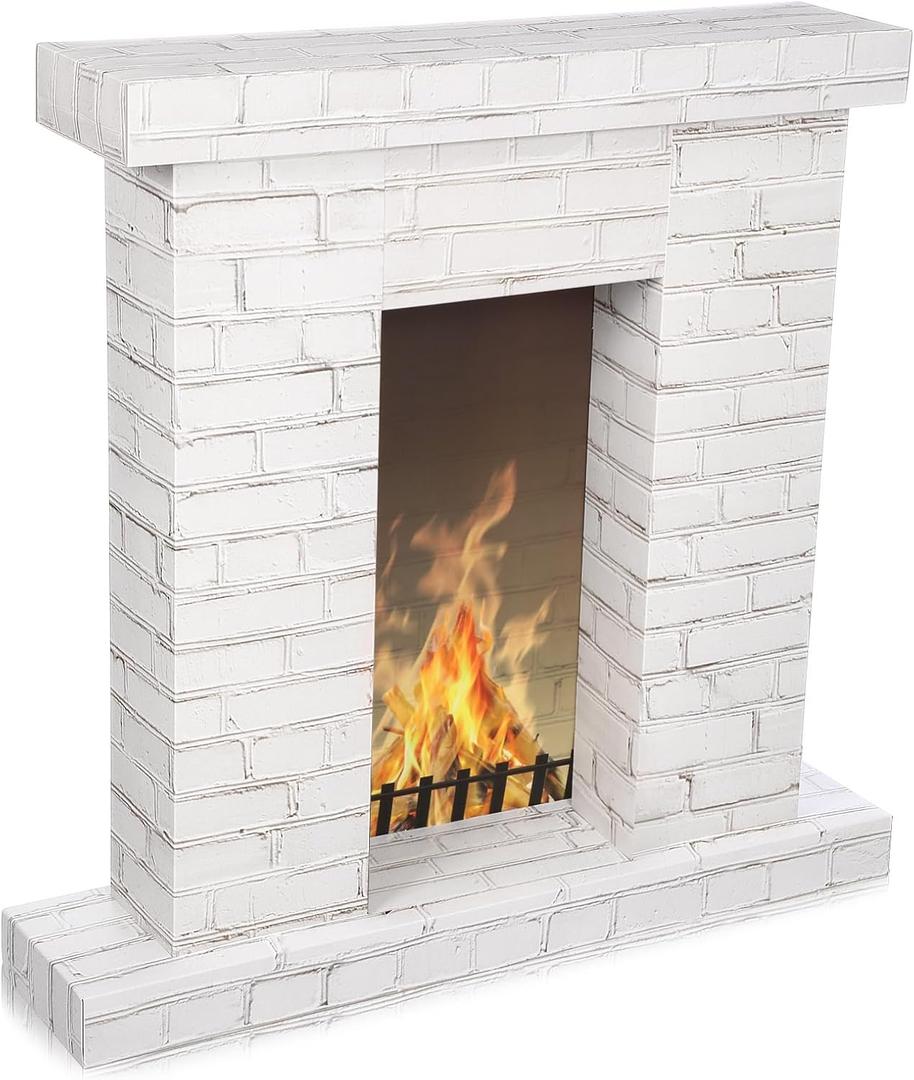AmazingSpark Christmas Fireplace Cardboard 3D Fake 35.5 x 31.5 x 8 Inch Corrugated Fireplace with Fire Photo Accessories Cardboard Cutout Standup for Christmas Party Background Decor(White)