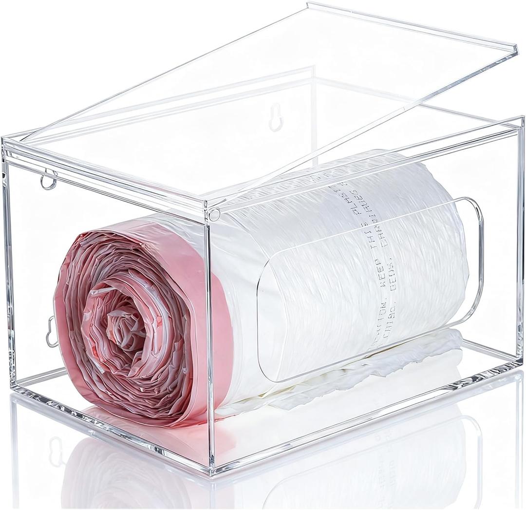 SEANADO Extra Large Trash Bag Dispenser Roll Holder with Lid - Wall Mount Acrylic Garbage Bag Stackable Storage Box for Kitchen Laundry Room Cabinet Organization
