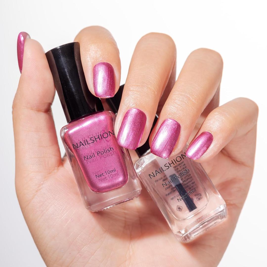 Metallic Purple Rose Nail Polish with 3-in-1 Clear Base Top Coat, Fast Air Dry Fingernail Polish Duo, Non-Gel, Opaque, Glossy Luxury Nail Art Fingernail Toenail Polishes, B01-Berry Bold & 3-in-1 Base Top Coat