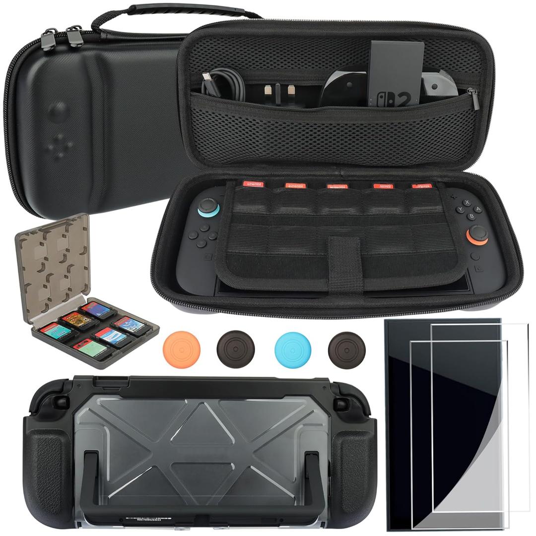 Carrying Case and Dockable Case for Nintendo Switch 2,8 in1 Accessories for Switch 2,Tempered Glass,Game Card Case and Silicone Covers