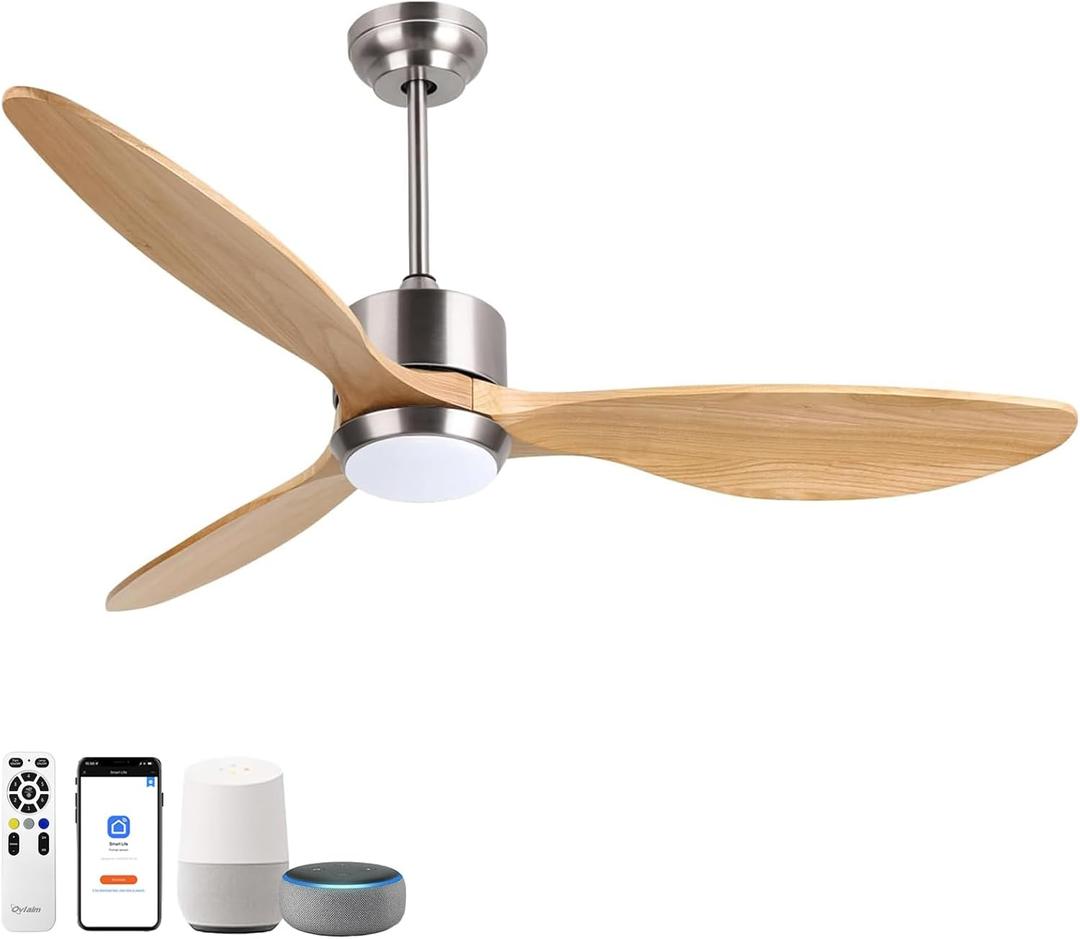 Ovlaim 52 Inch Wood Ceiling Fans with Lights Remote Control, 6 Speed Quiet DC Motor 3 Blade Smart Ceiling Fan for Indoor Living Room Bedroom