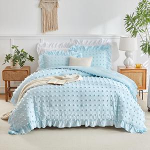 Flysheep Tufted Dots Ruffle Comforter Set King Size, 3 Pieces Blue Vintage Farmhouse Shabby Chic Comforters, Jacquard Boho Bohemian Bedding Set for All Season (1 Ruffled Comforter+ 2 Pillow Shams)