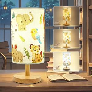 Kids Table Lamp-Night Light for Boys Room,3-Color LED Desk Lamp with Baby Elephant Zebra Giraffe Tiger Pattern Bedside Lamp Safari Animal Lampshade and Wood Base for Living Nursery Child Room Study