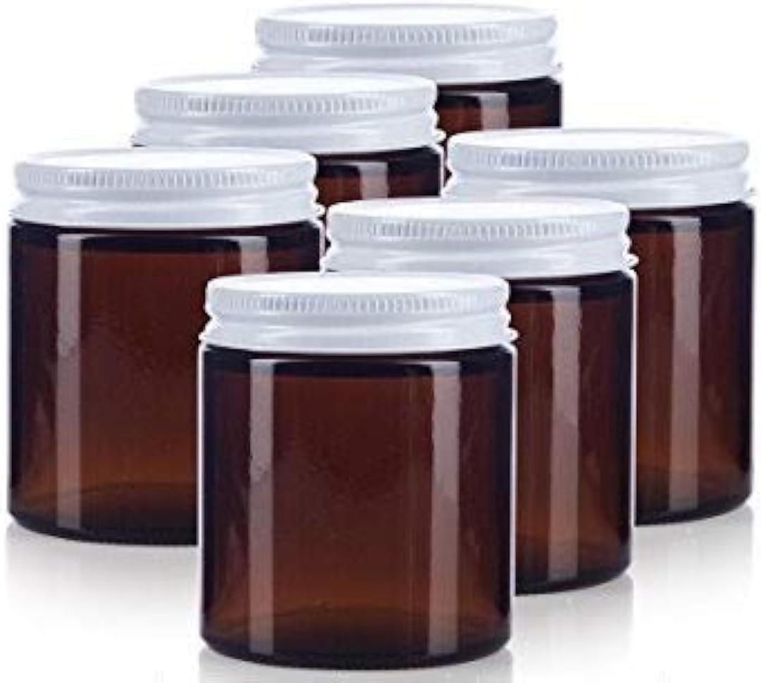 (6 pack) 4 oz / 120 ml Amber Thick Glass Jar with White Metal Airtight Lid