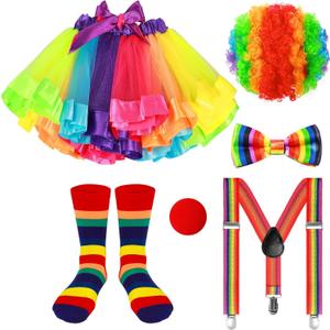 6 Pcs Kids Clown Rainbow Costume Set Include Tutu Skirt Socks Wig Nose Bow Shoulder Strap for Carnival Party (8-12 Years)