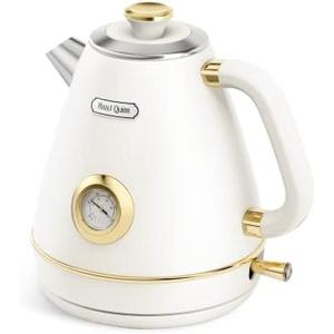 Hazel Quinn Retro Electric Kettle - 1.7 Liters / 57.5 Ounces Tea Kettle with Thermometer, All Stainless Steel, 1200 Watts Fast Boiling, BPA-free, Cordless, Automatic Shut Off - Pearl White