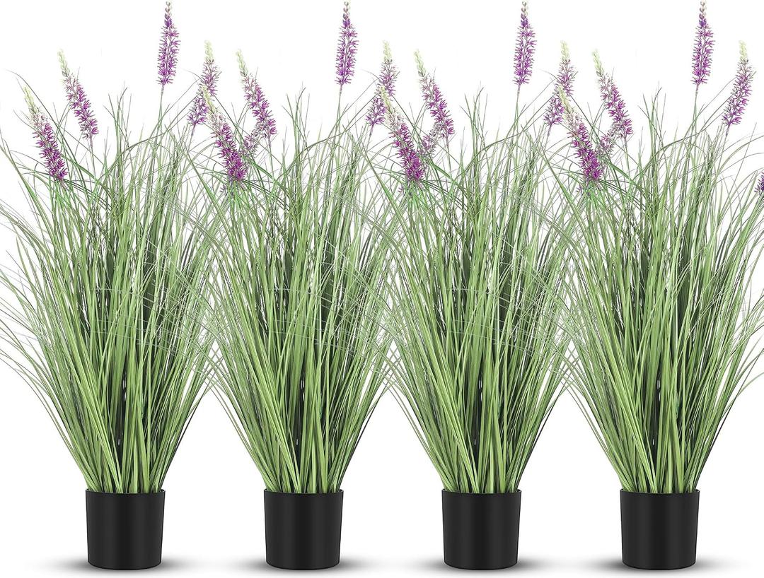 Jexine 4 Pieces Faux Plants Outdoor 3 ft Tall Artificial Lavender Plant Potted Artificial Lavender Faux Greenery Floor Flowers for Housewarming Gift House Garden Bathroom Lobby Outdoor