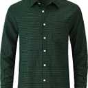 Mens Gingham Button Down Shirt Long Sleeve Dress Shirts Business Casual Shirts with Pockets (Large, Blackgreen)