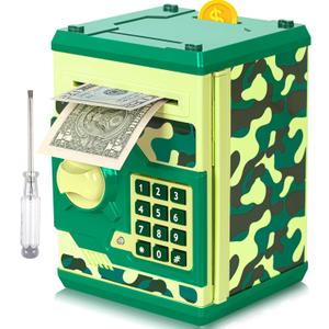 ATM Piggy Bank for Boys Girls, Vcertcpl Mini ATM Coin Bank Money Saving Box with Password, Kids Safe Money Jar for Adults with Auto Grab Bill Slot, Great Gift Toy Bank for Kids(Camouflage Green)