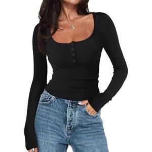 Meetrendi Women's Long Sleeve Square Neck Henley T Shirts Button Ribbed Knit Slim Fit 2024 Fall Casual Basic Tops Blouse XS