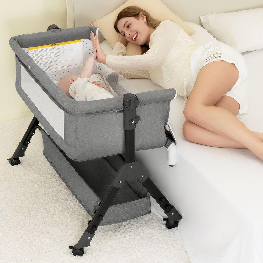 BCOL 3 in 1 Baby Bassinet Bedside Sleeper, Bedside Crib for Baby, Adjustable Baby Bassinet with Wheels, Storage Basket, Mattress, Easy Assemble & Folding Portable Baby Cradle (Grey)