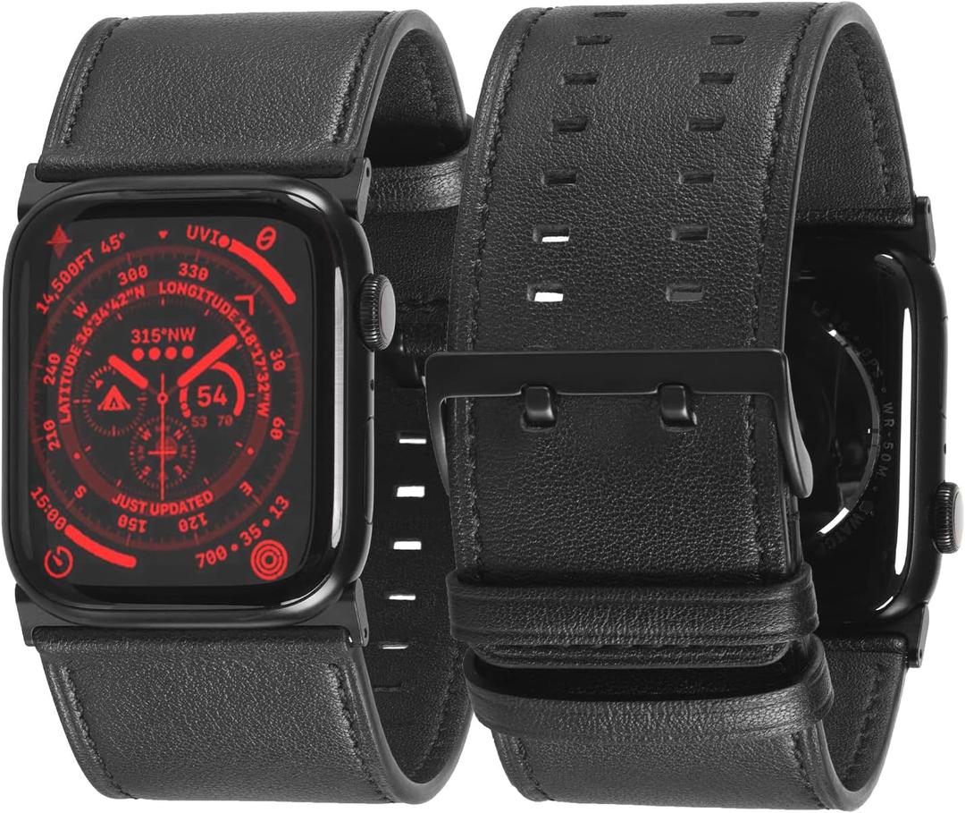 Tefeca Dual Series Band Compatible with Apple Watch Ultra 2/Ultra 49mm, Series 10 46mm, Series 9/8/7 45mm, SE2/SE/6/5/4 44mm (Black Leather with Black Adapters), Size: Ultra wide 49/46/45/44mm