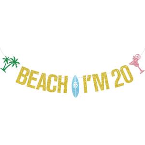2 x Gold Glitter Beach I'M 20 Banner, Beach Surfing Surfboard Cheers to 20 Years Decor, Summer Hawaiian Luau Tropical Themed 20th Birthday Party Decorations Supplies