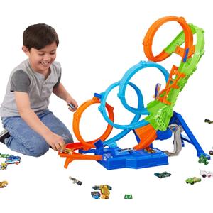 Hot Wheels Track Set with 4 Loops, 3-Way Crash Zone & Motorized Booster, Folds for Storage, with 1:64 Scale Toy Car