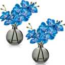 Blue Orchids Artificial Flowers Faux Orchid Arrangement with Black Glass Vase Set of 2 Real Touch Phalaenopsis Orchid Flowers Orchids Centerpiece for Dining Room Table