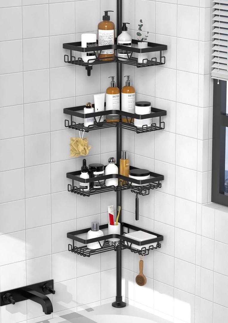 KEGII Corner Shower Caddy Tension Pole - Shower Tension Rod Organizer, Floor to Ceiling Shower Caddy 25-114.2 inch, Towel Rack Corner Waterproof, Black