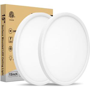 15 Inch LED Ceiling Light - Dimmable 2700-5000K 5CCT Selectable, 32W 3800LM, Round Flat Panel Low Profile Light Fixtures for Hallway, Kitchen, Bedroom, Laundry, 15 Inch 2Pack White