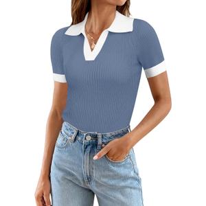 Ivicoer Womens 2025 Summer V Neck Short Sleeve T Shirts Slim Fitted Ribbed Knit Casual Tee Tops (Small, Gray Blue) Ivicoer Womens 2025 Summer V Neck Short Sleeve T Shirts Slim Fitted Ribbed Knit Casual Tee Tops (Small, Gray Blue)