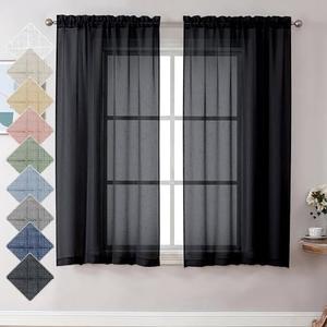 Aiyufeng Kirei Black Sheer Curtains 63 Inch Length 2 Panels, Faux Linen Slub Textured Soft Breathable Rod Pocket Light Filtering Curtain for Living Room Bedroom Kitchen, Each 40Wx63L Inch