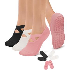 Diu Life 3 Pack Pilates Socks Yoga Socks with Grips for Women Non Slip, Workout, Pure Barre, Ballet, Dance, Hospital Socks (00 Black/Pink/White)