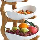 Ceramic Oval Tiered Serving bowls Tray SetWhite 3 Tier Ceramic Fruit Bowl with Bamboo Wood Stand for Sushi, Dessert, Fruit, Vegetables, Appetizer, Cake, Candy, Chip Dip (White, 3-Tier)