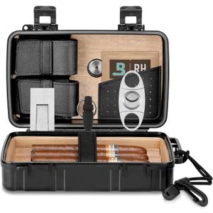 Travel Cigar Humidor Box Case with Cigar Accessories & Humidifier &Cigar Cutter & Cigar Stand Hold 5 Count -Cigar Waterproof Case, Crushproof, Airtight Seal Portable