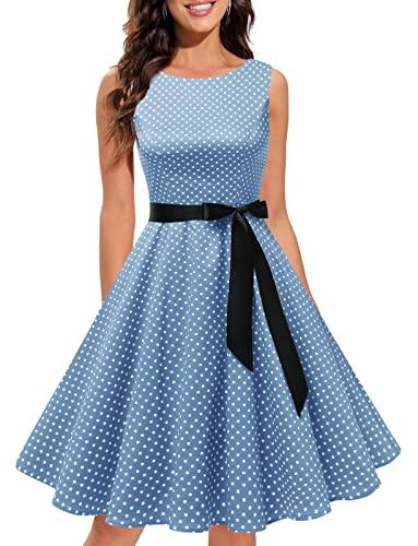 Gardenwed Women's Vintage Dress Sleeveless Cocktail 1950s Dresses Retro Tea Party Swing Light Blue Small White Dot L