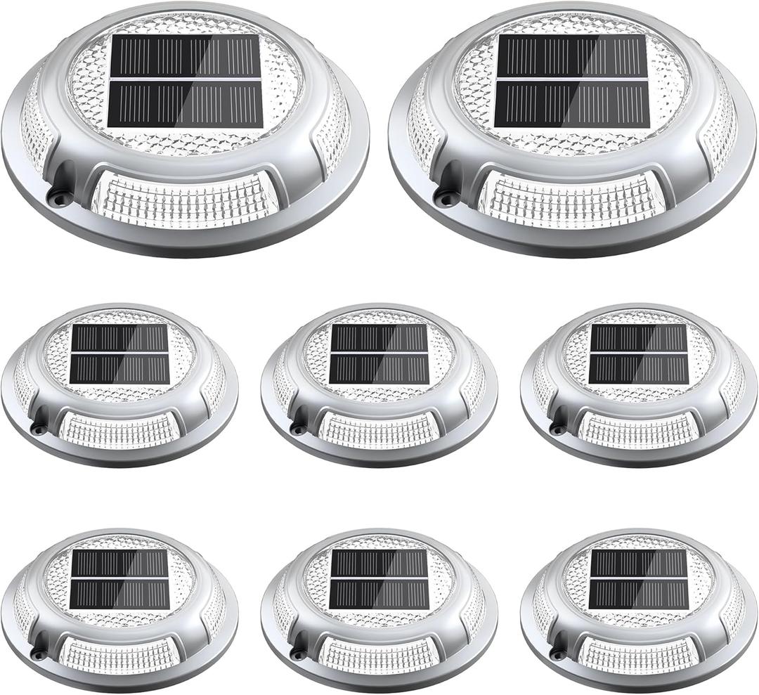Solar Driveway Lights, 8 Pack Heavy Duty Driveway Lights Solar Powered 2 Color Mode (Cool/Warm White) IP68 Waterproof Outdoor Solar Deck Lights with Ground Stake for Pathway Garden Yard Walkway Dock